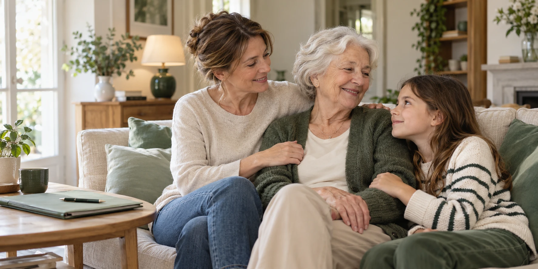 Dame âgée souriante sur un canapé, entourée de deux proches